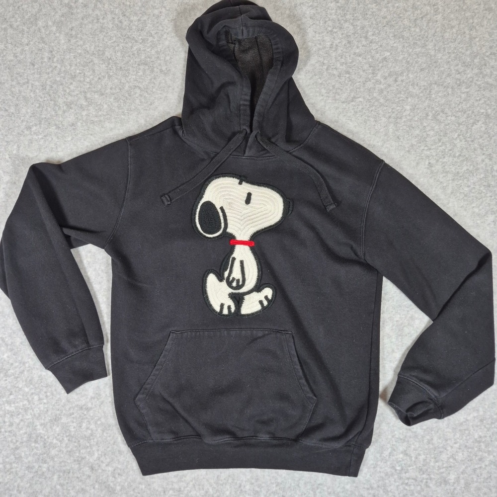 Peanuts Snoopy Hoodie Unisex Small Black Chenille Patch Pullover Embroidered